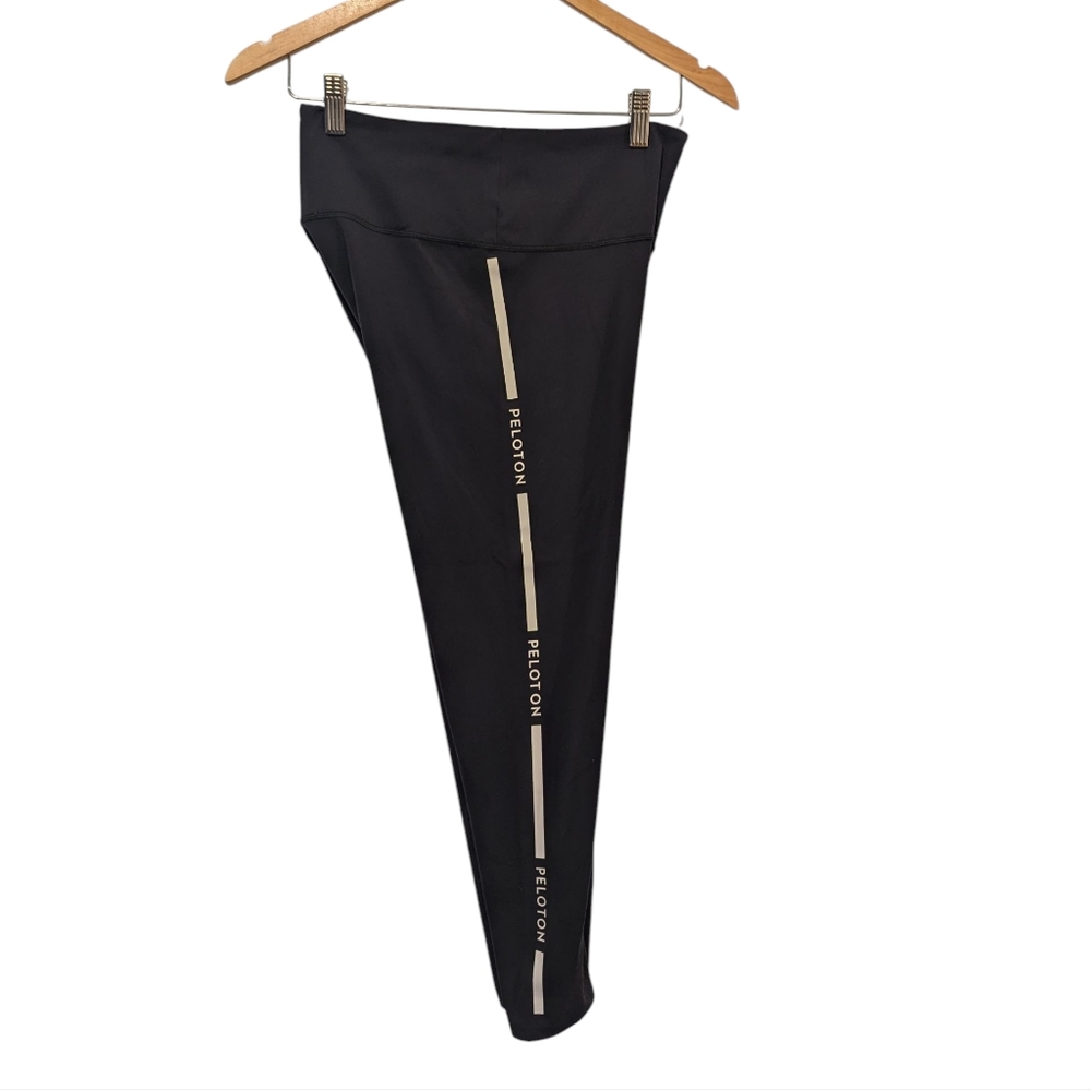 Peloton Black Leggings with White Stripe And Peleton Print Down Leg Size Large